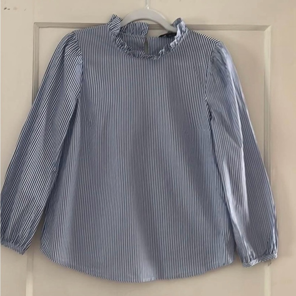 JCrew Blue And White Stripe Ruffle Neck Blouse. Ladies size small.